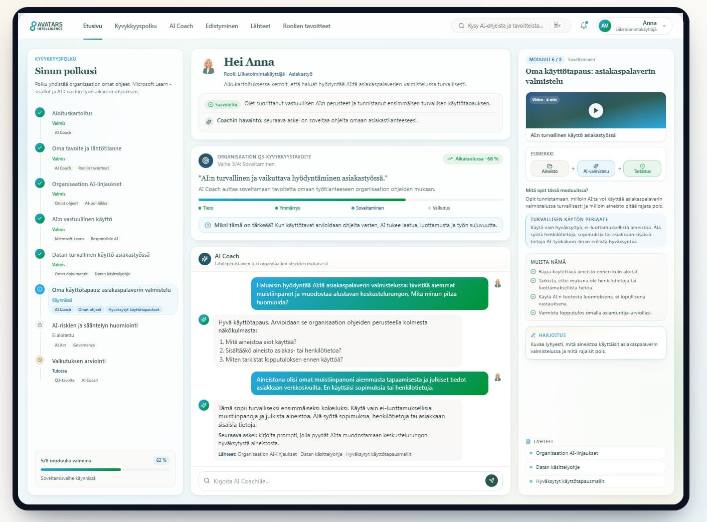 AI Coach APP -näkymä käyttäjälle