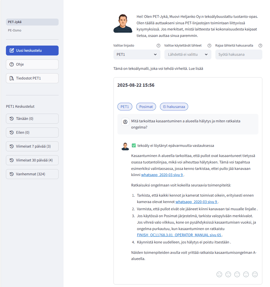 PET-Jykä tekoälyavustaja käyttöliittymä